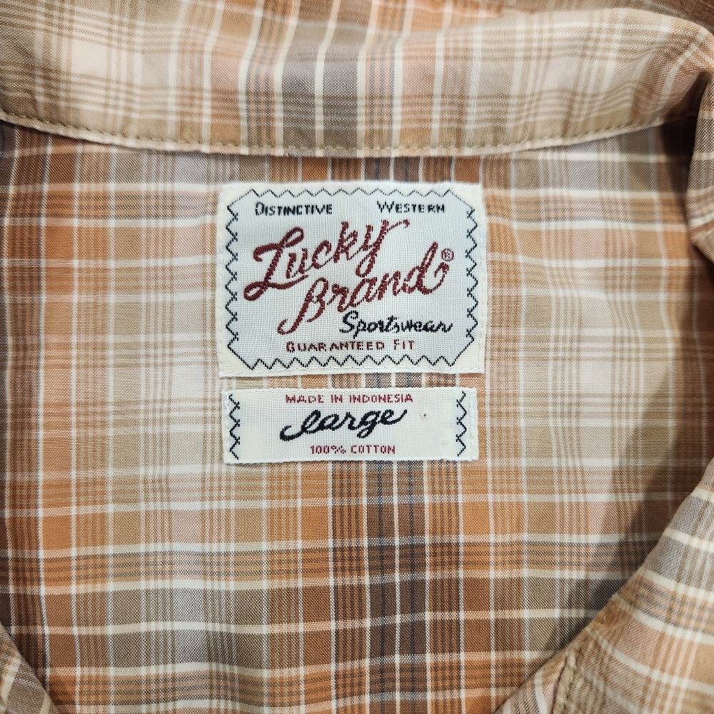 Lucky Brand Shirt Mens Large Brown 100% Cotton Pearl Snap Stretch Plaid Western - Picture 6 of 10